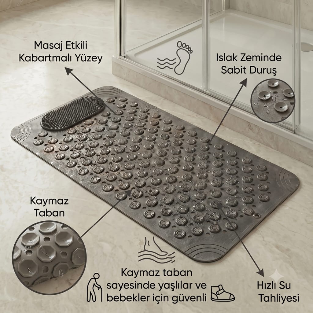 Kaymaz Duş Paspası ve Saplı Sırt Fırçası