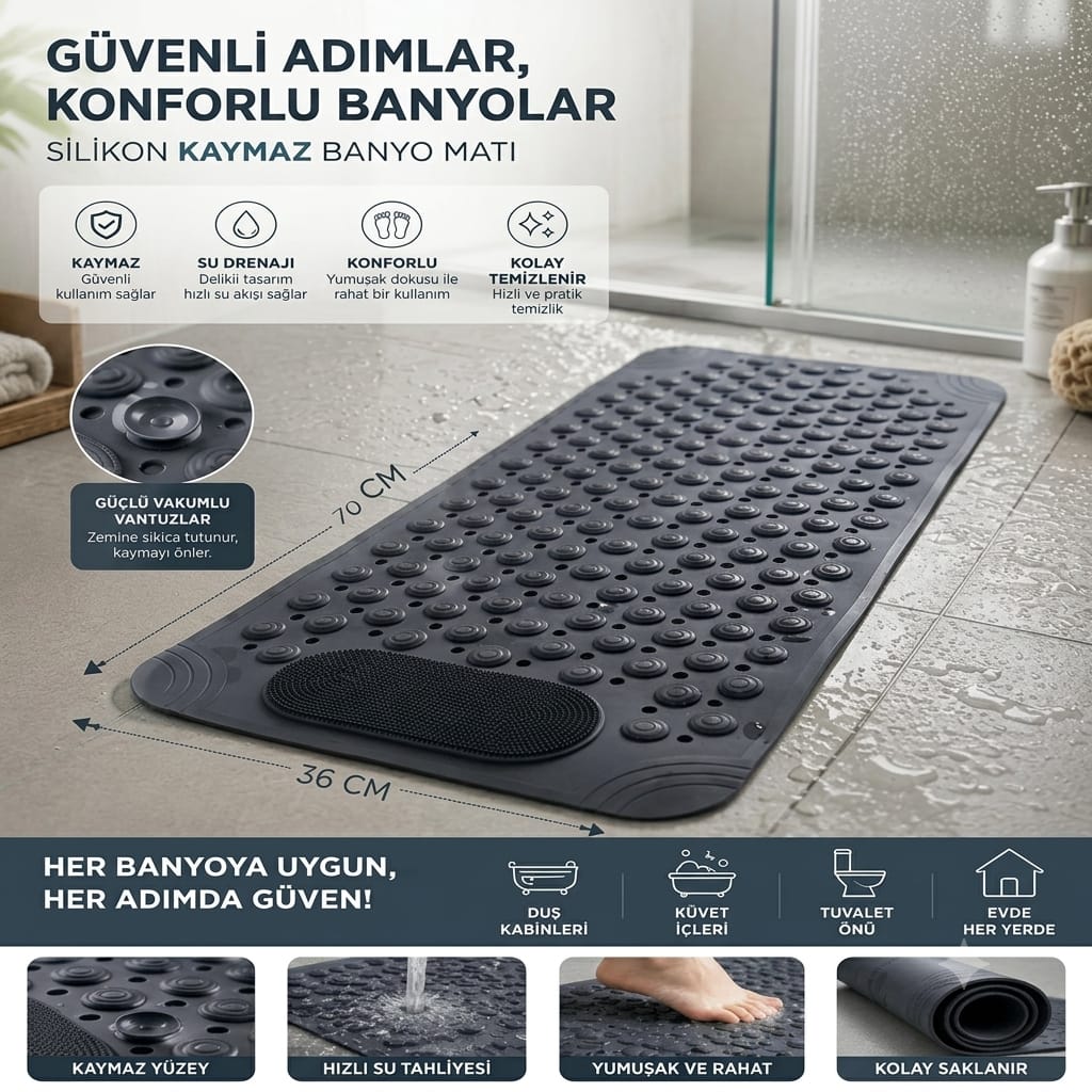 Kaymaz Duş Paspası ve Saplı Sırt Fırçası